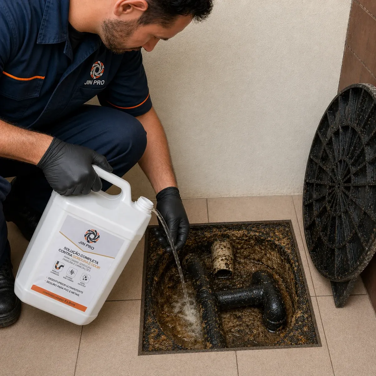 Técnico uniformizado da JIN Brasil aplicando o galão de 5 litros do JIN PRO em uma caixa de gordura